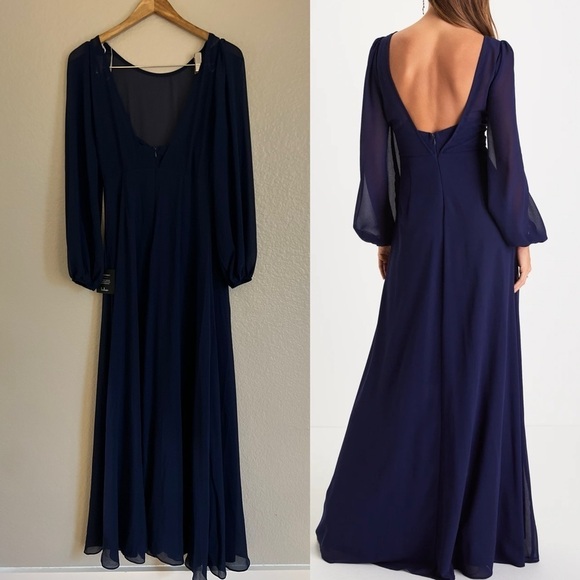 Prestigious Poise Navy Blue Backless Balloon Sleeve Maxi Dress NWT - Picture 3 of 8